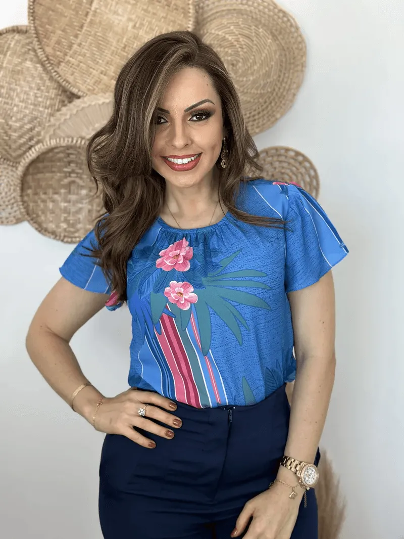 Blusa Manga Curta Pamela Estampada Azul