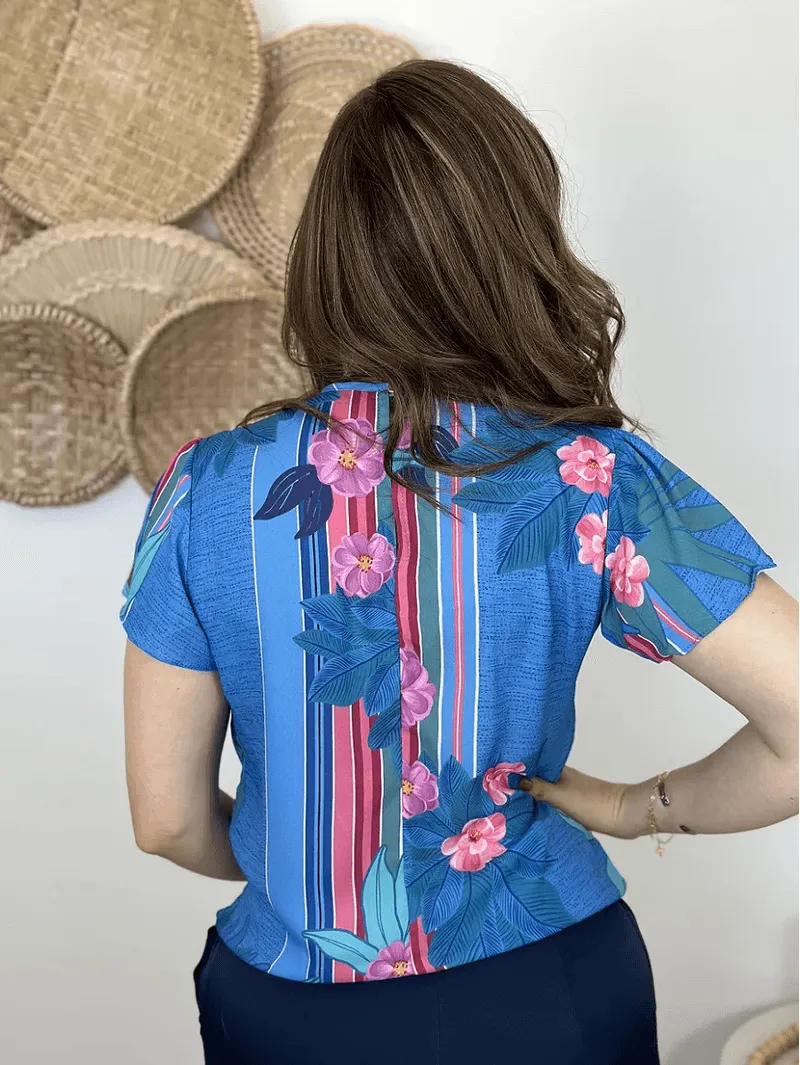 Blusa Manga Curta Pamela Estampada Azul