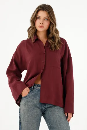 Camisa en 100% lino manga larga roja para mujer