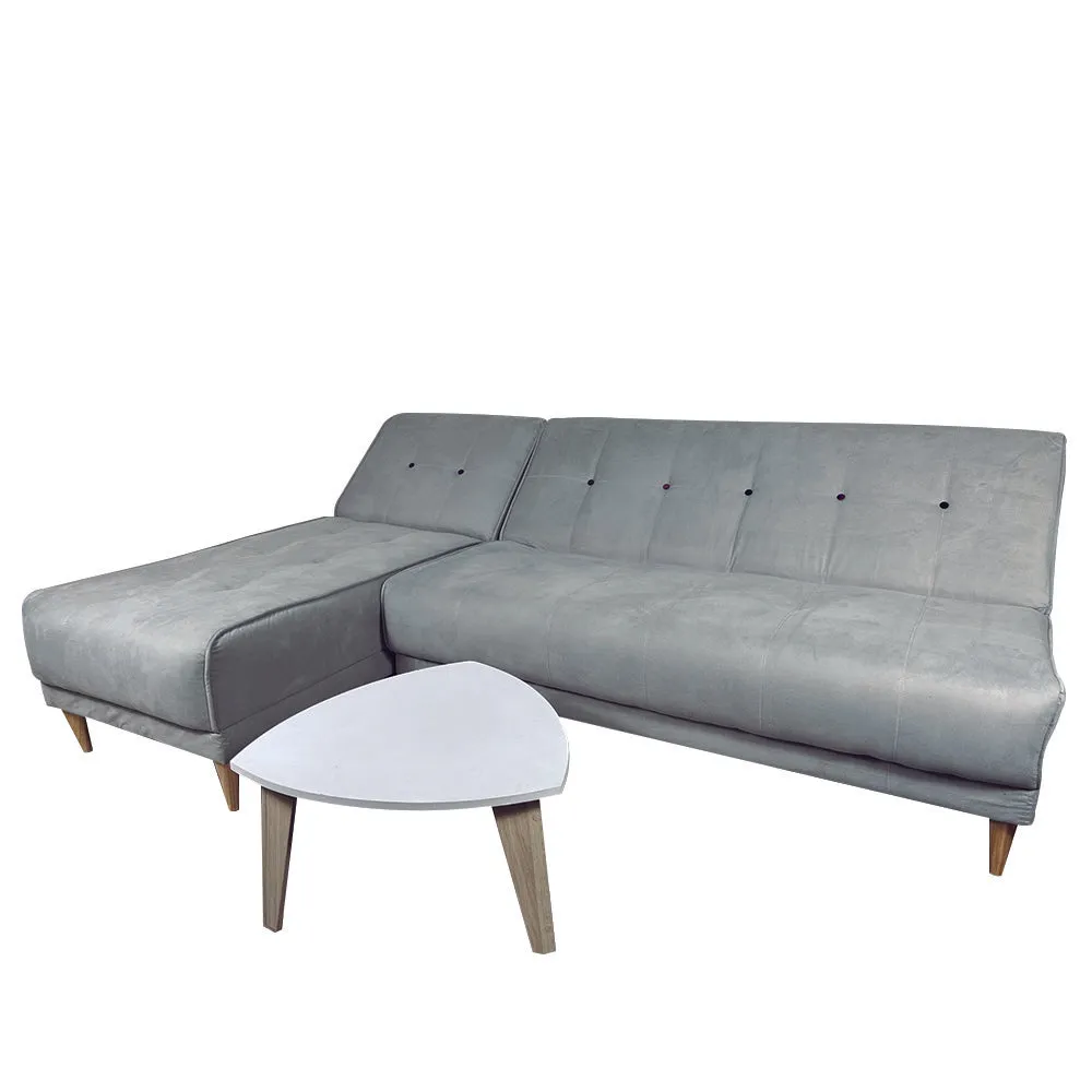 Combo de Sofa en L Cama Fusión Kei   Mesa Da Vinci   Cojines Tela Plata