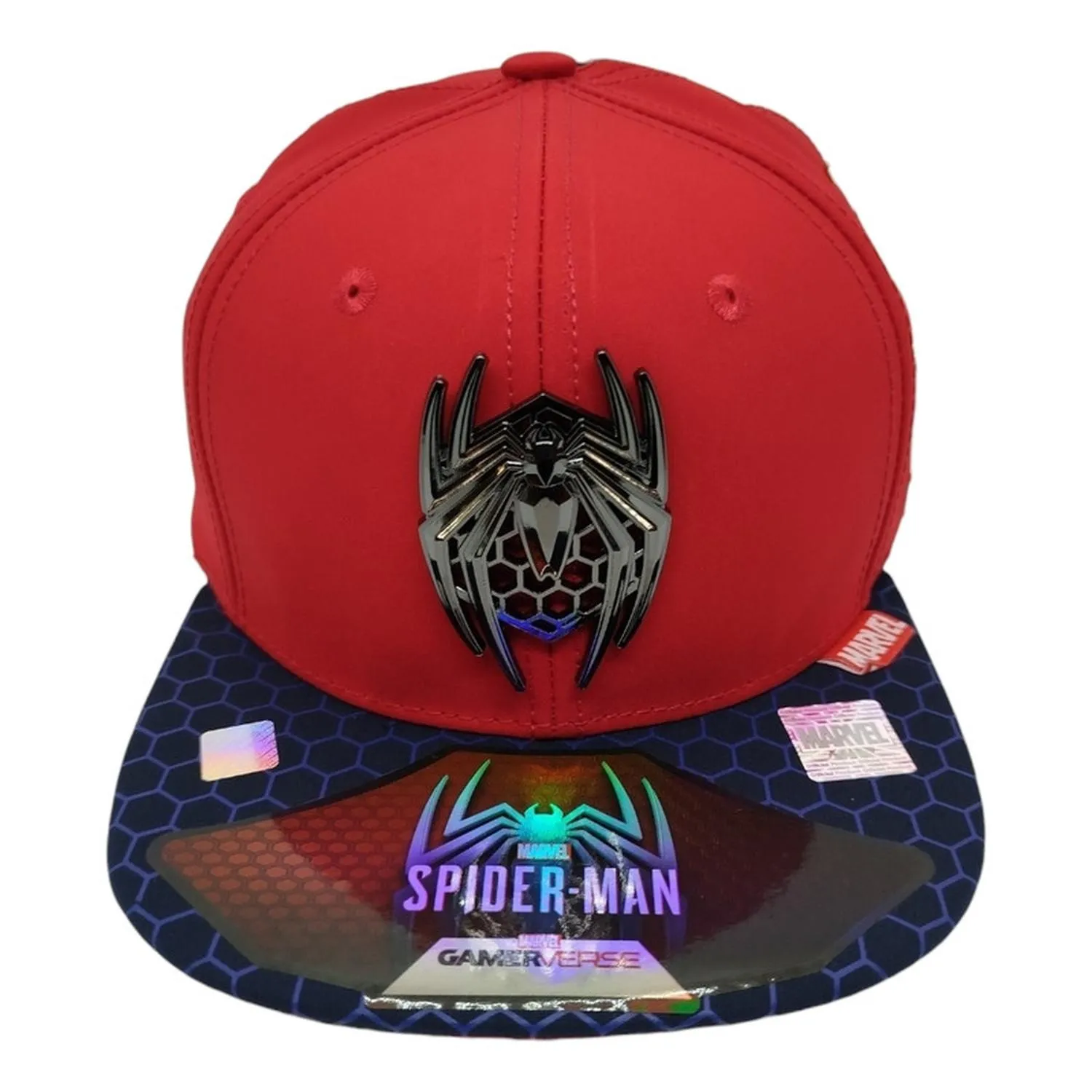 Kndit Caps Gorra Roja Con Azul Marino Placa Plateada Logo Araña Hexágono Spider-Man