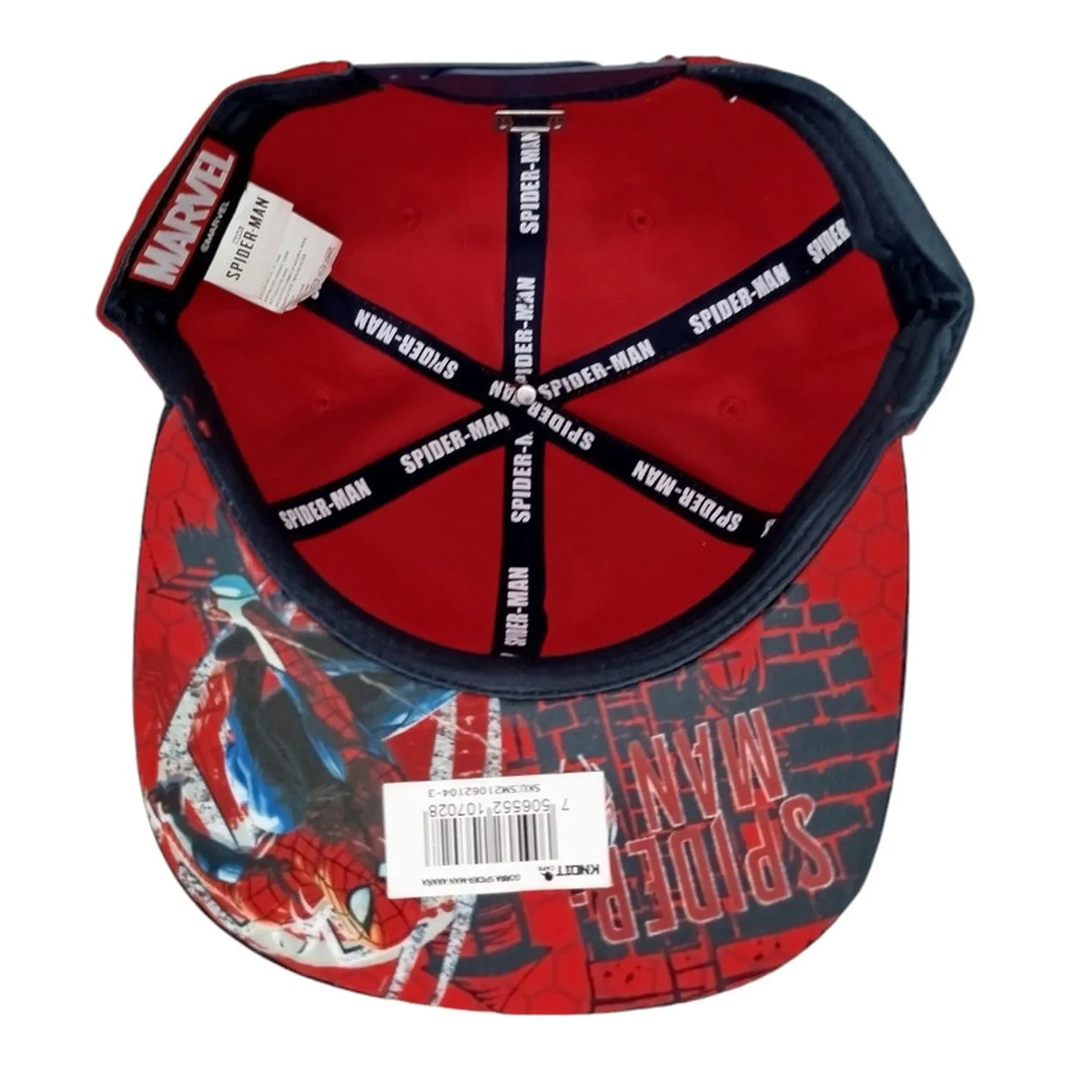 Kndit Caps Gorra Roja Con Azul Marino Placa Plateada Logo Araña Hexágono Spider-Man