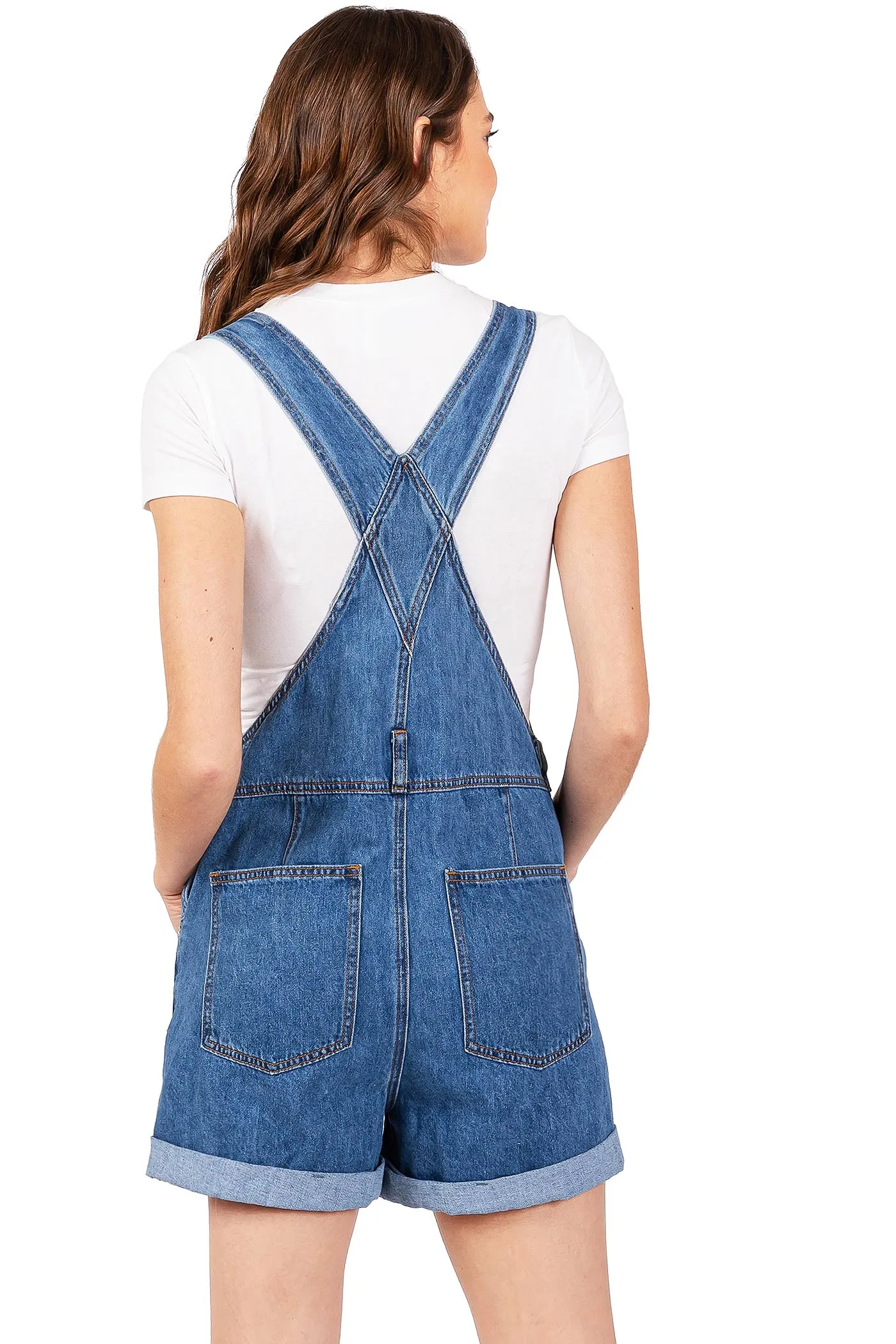 Lana Roux Womens Relaxed Fit Oversized Boyfriend Jean Short Overalls