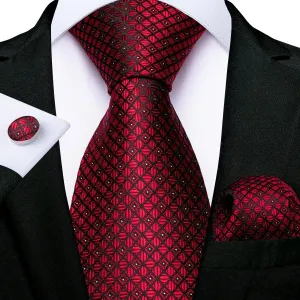 Luxury Red Plaid Silk Tie Set for Men | Business & Wedding Accessories with Handkerchief & Cufflinks | DiBanGu Designer Collection