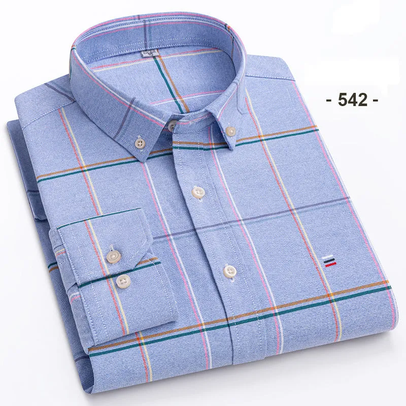 Men's Checkered Long-Sleeve Workwear Shirt | Solid Color Cotton Blend Shirt