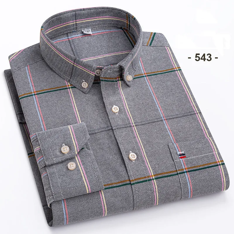 Men's Checkered Long-Sleeve Workwear Shirt | Solid Color Cotton Blend Shirt